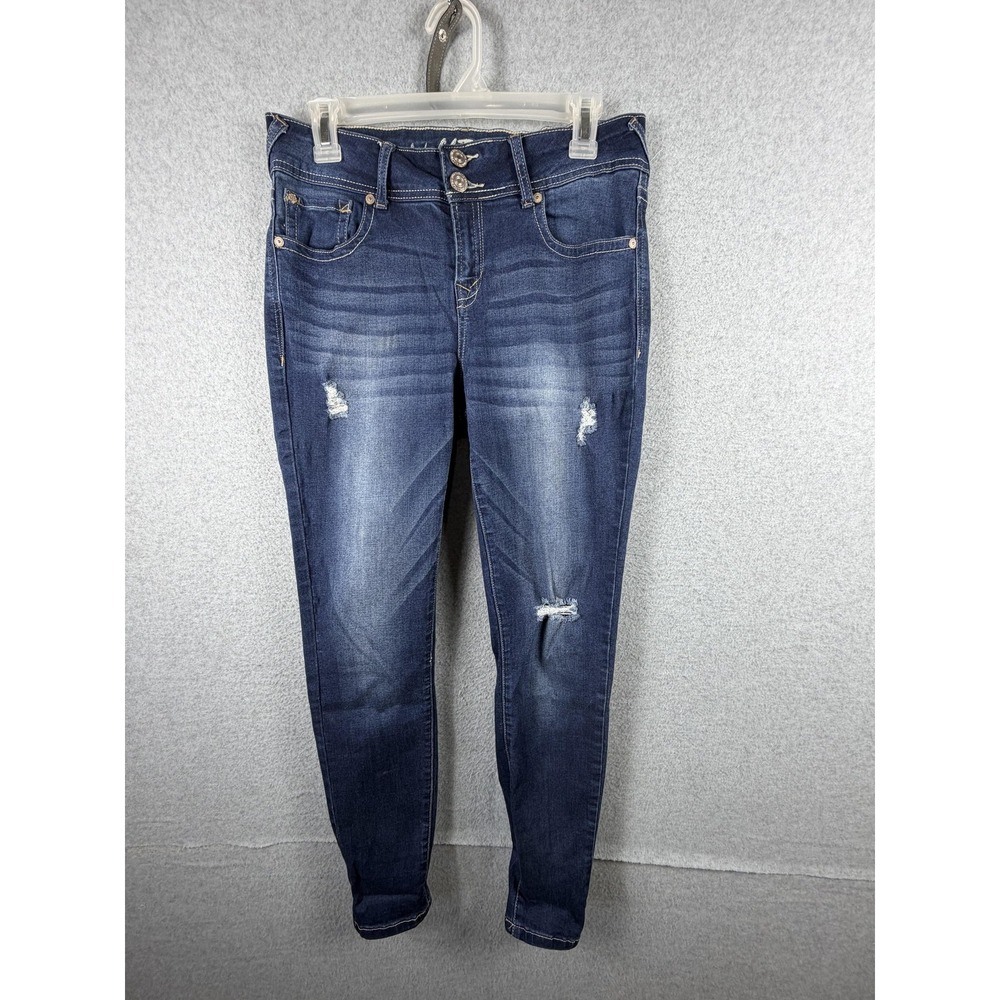 WallFlower Jeans Juniors 11 Blue Mid Rise Skinny Distressed Stretch Embroidered